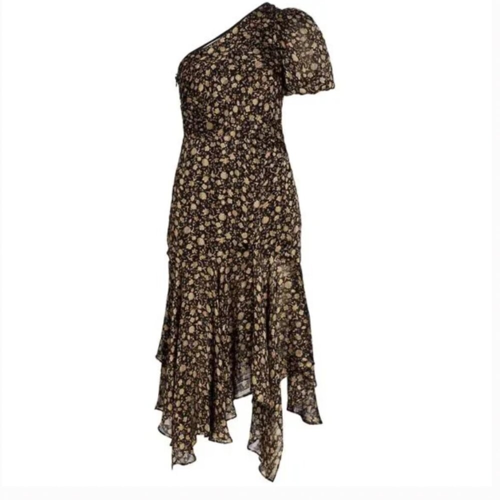 ANTHROPOLOGY X ASTR santorini floral one shoulder midi handkerchief hem dress L